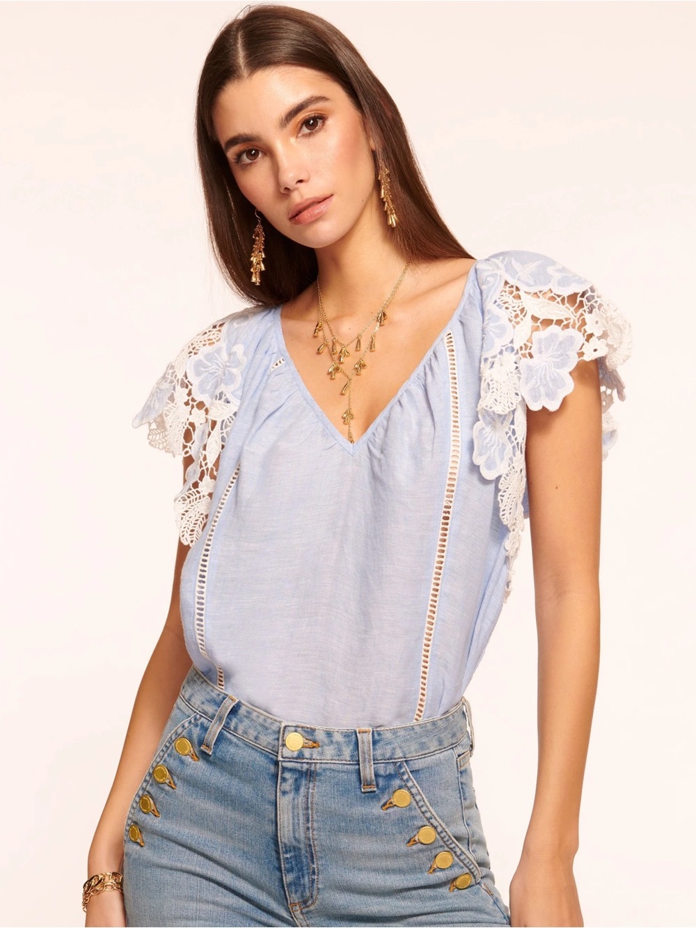 Ramy Brook Hillary embroidered blouse 100% linen Sz M